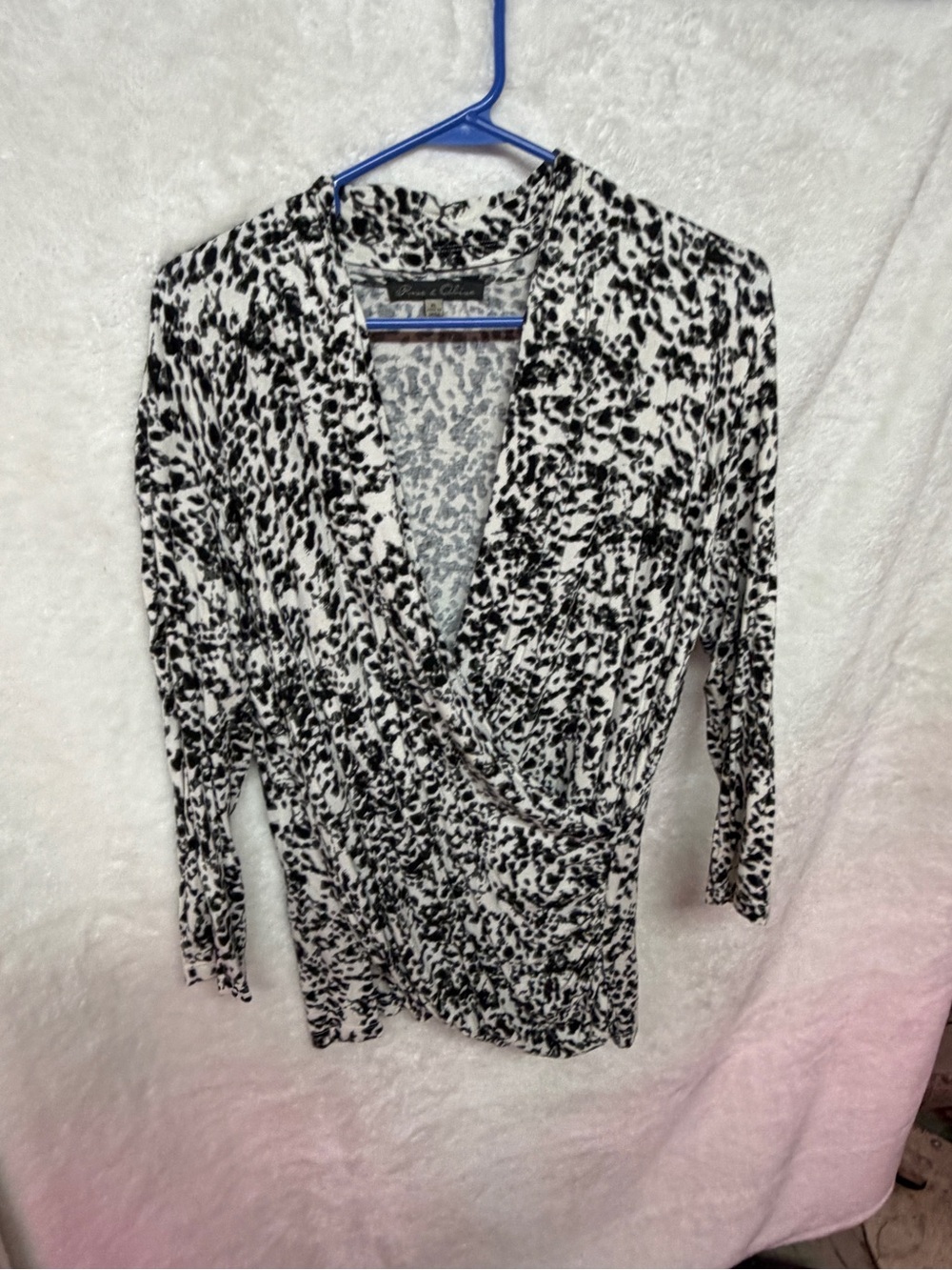 Rose & Olive Black and White Animal Print Wrap Top size XL